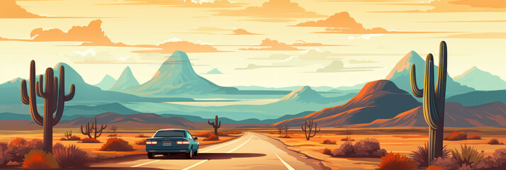 Long automobile road, highway along the mountains and desert landscape, travel concept banner, traveling by car, cartoon illustration - obrazy, fototapety, plakaty