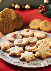 Christmas plate with Christmas cookies and Christmas decorations in the background
