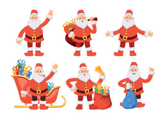 Cartoon Santa Claus Isolated Set. Jolly Bearded Christmas Character, Spreads Joy And Gifts To Children. Noel in Red Suit
