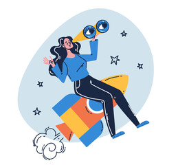 People sitting on rocket startup up entrepreneur success concept. Vector flat graphic design illustration