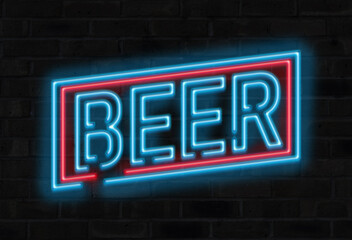 Fototapeta na wymiar Blue and Red Beer neon sign on brick wall