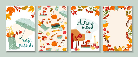 Fototapeta na wymiar Hello autumn collection trendy cards with beautiful leaves. Cozy vector templates poster, invitation, card, flyer, cover, banner, placard, brochure, advertising. Set of cute fall illustration