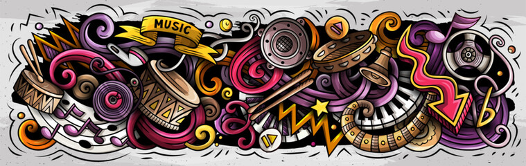 Music cartoon doodles illustration. Colorful musical vector banner