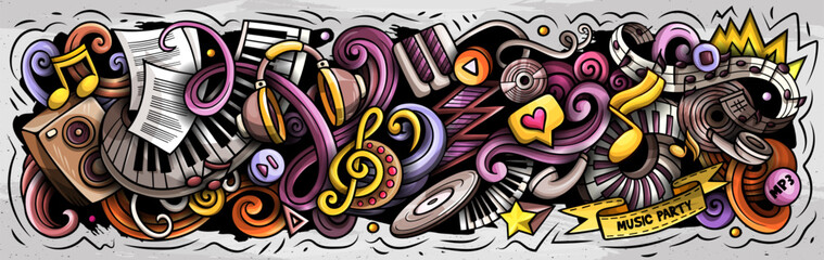 Music cartoon doodles illustration. Colorful musical vector banner © balabolka