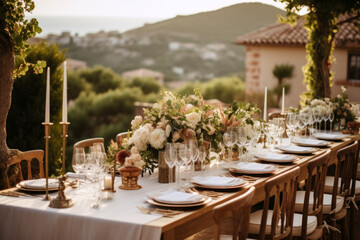 stylish, chic, luxury, wedding table decor on the terrace with a beautiful view, in Spain, Italy. table setting	
