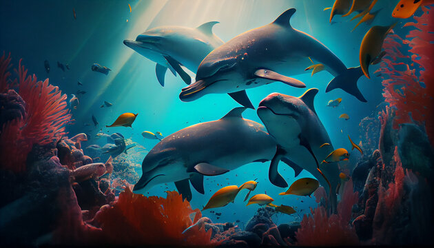 Group of dolphins in colorful underwater background, Ai generated image