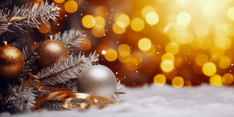 Obraz na płótnie Canvas Christmas background with balls, christmas tree branches and golden lights. Holiday concept for banner, greeting card, invitation.