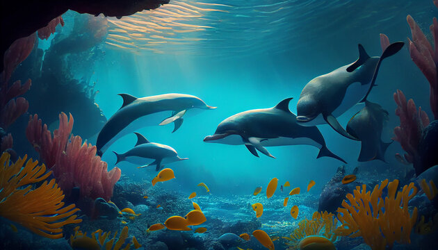 Group of dolphins in colorful underwater background, Ai generated image