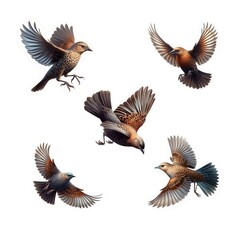 Fototapeta premium A set of flying Brown-headed Cowbirds isolated on a white background