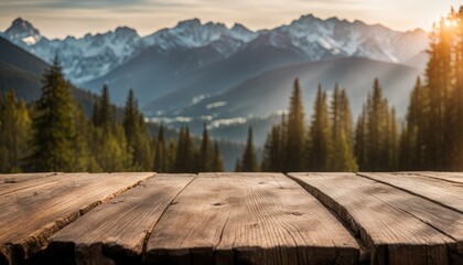 Empty Blank Rustic Old Wooden Table Top Boards with Snow Capped Mountains View Spruce Forest Nature Background National Park Landscape Backdrop Outdoors Mockup Product Display Showcase Montage Natural