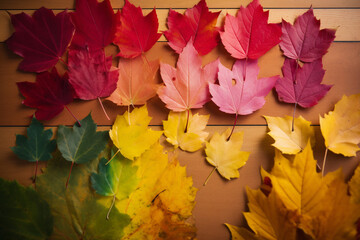 Naklejka na ściany i meble Colorful autumn leaves background with copy space. Large color specter. Abstract minimalist background. Generative AI