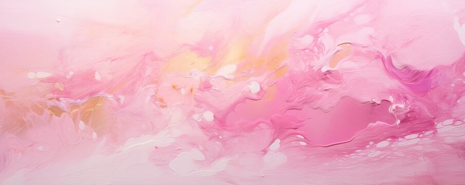 Banner with fluid art texture. Backdrop with abstract mixing paint effect. Liquid acrylic artwork that flows and splashes. Mixed paints for interior poster. Pink, gold and white colors