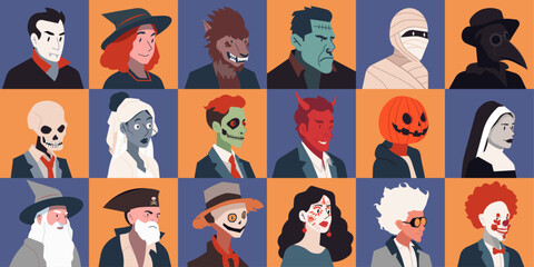 Autumn Festivity Concept, Creepy and Playful Halloween Character People Costume, Spooky and Trick-or-Treating Adventure for the Holiday, Vector Flat Illustration