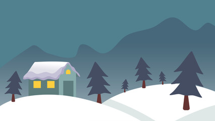 background mountain view with trees and a house. illustration vector