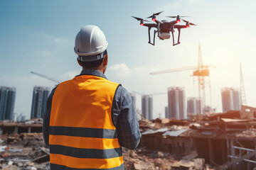 Engineer flies a drone over a construction site. Operator inspecting construction building site flying with drone. Using drone for building site survey in civil engineering project. Generative AI - obrazy, fototapety, plakaty