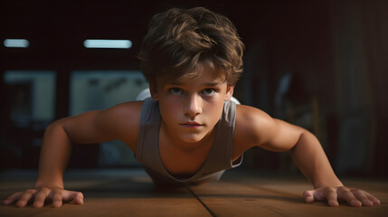 Fototapeta premium young man american athlete with healthy muscular body doing pushups in a gym while sweating and improving his physical body form
