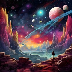 空には多くの星が浮かぶ幻想的な岩山が連なる惑星に佇む人物