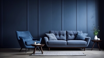 Dark blue sofa and recliner chair in scandinavian apartment, Interior design of modern living room, Generative AI