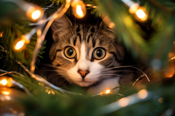 Domestic cat peeking out between branches of Christmas tree between with electric light chain
