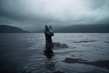 Loch Ness Monster pokes its head out of the loch lake, weird creature monster in water, rainy scotland dark landscape - obrazy, fototapety, plakaty