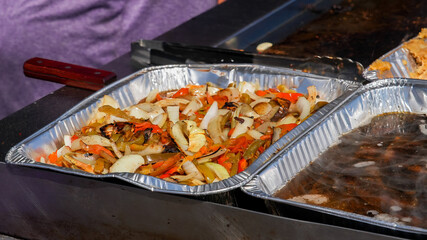 Peppers an onions ready for bun or sandwich with copy space