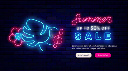 Summer sale neon flyer. Website landing page template. Exotic leaf, disk and flower. Vector stock illustration