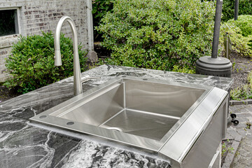 Marble Luxury Outdoor Stainless Steel Sink with White Washed Exposed Brick Home