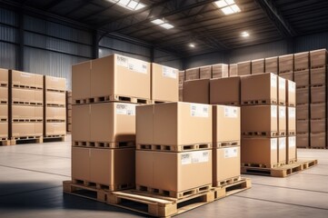 Packaging Boxes Wrapped Plastic Stacked on Pallets in Storage Warehouse. Cartons Pallets Supply Chain. Inventory Shelf Storehouse Distribution. Cargo Shipping Supplies Warehouse Logistics.