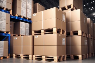 Packaging Boxes Wrapped Plastic Stacked on Pallets in Storage Warehouse. Cartons Pallets Supply Chain. Inventory Shelf Storehouse Distribution. Cargo Shipping Supplies Warehouse Logistics.