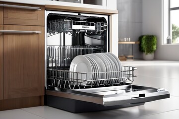 Dishwasher inside beautiful kitchen with white used dishes that prepared to wash. Electronic dish washer device in modern kitchen with white table top or cabinet and space. Housekeeping concept - obrazy, fototapety, plakaty