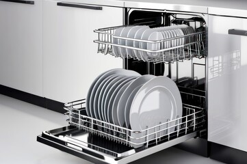 Dishwasher inside beautiful kitchen with white used dishes that prepared to wash. Electronic dish washer device in modern kitchen with white table top or cabinet and space. Housekeeping concept