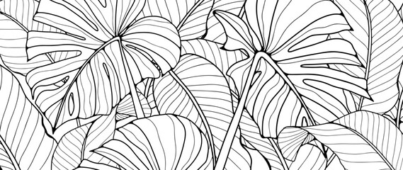 Black and white tropical background with monstera leaves and banana leaves. Tropical background for coloring, creating various designs and patterns. Silhouette of tropical leaves.