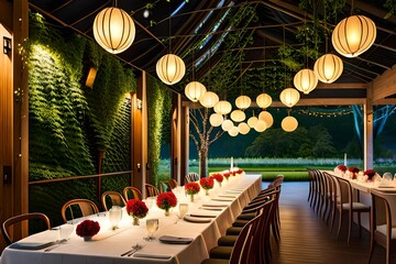 decoration on garden with lamps ,lights with moon on the lake side amazing view  with table and chairs  - obrazy, fototapety, plakaty