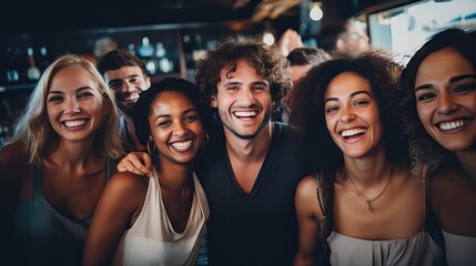 In a bustling city, diverse individuals from various countries and races come together, their faces glowing with genuine joy. Sharing a moment of clarity and love, they pose as a symbol of unity and e - obrazy, fototapety, plakaty