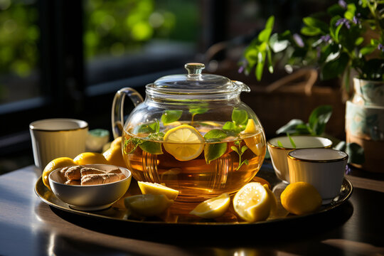 Tea in the glass pot with ginger root, lemon and honey. AI Generative