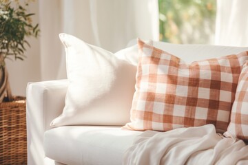 modern living room, sofa with white and terra cotta pillows