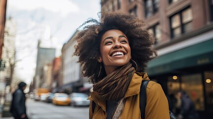 Amidst the city's bustling life, a woman radiates pure joy, her smile brimming with clarity and serenity, standing as a beacon of hope. Generative AI. - obrazy, fototapety, plakaty