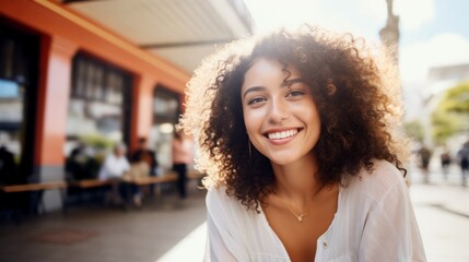 happy young colombian woman in the city