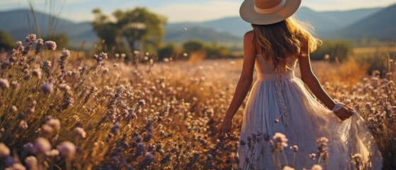 A young woman in a straw hat and white dress in a field of lavender.