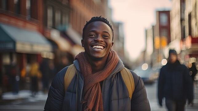 In the heart of the urban landscape, a man emanates sheer contentment, his grin reflecting profound lucidity and peace, becoming an emblem of optimism. Generative AI.