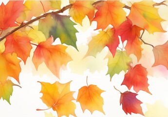 Naklejka na ściany i meble Watercolor banner of autumn leaves and branches isolated on white background. Autumn illustration for invitations, or greeting cards