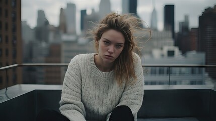 A desolate woman stands amidst the city hustle, her face echoing sadness and hopelessness, yet a sense of calm resilience. Generative AI.