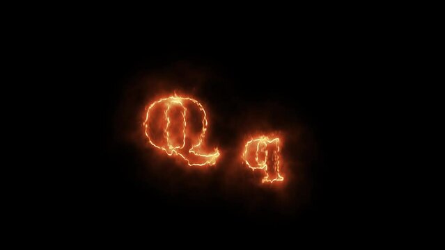 Fire alphabet letters Q q capatil and small letter isolated, outline fire and glowing on black background.