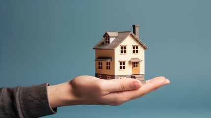 Fototapeta na wymiar Hand Holding a 3d Miniature House Real Estate in Blank Background