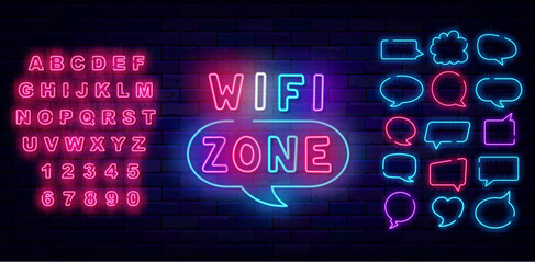 Wifi zone neon label. Glowing internet sign for cafe and bar. Shiny pink alphabet. Vector stock illustration