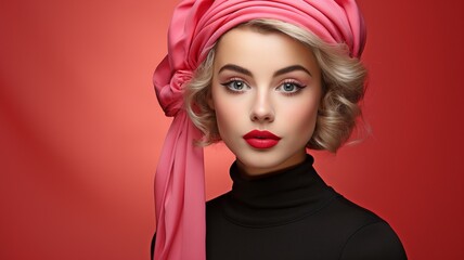 Young woman painted her lips on a pink background while wearing a red beret..