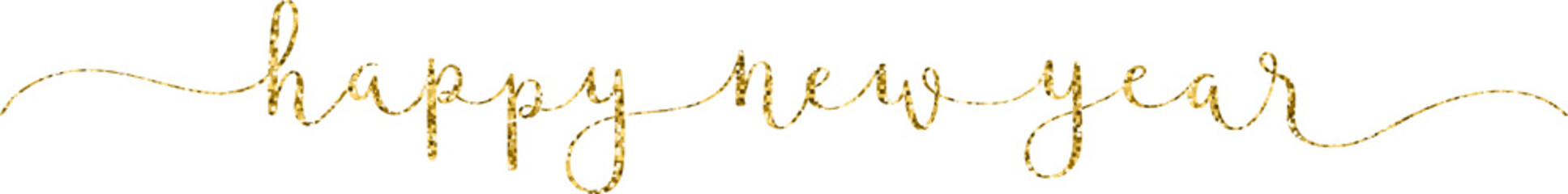 HAPPY NEW YEAR gold glitter brush calligraphy banner on transparent background