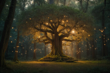 An enchanting forest illuminated by the soft, golden light of fireflies. The trees are ancient and gnarled, their trunks covered in intricate carvings. Generated with AI - obrazy, fototapety, plakaty