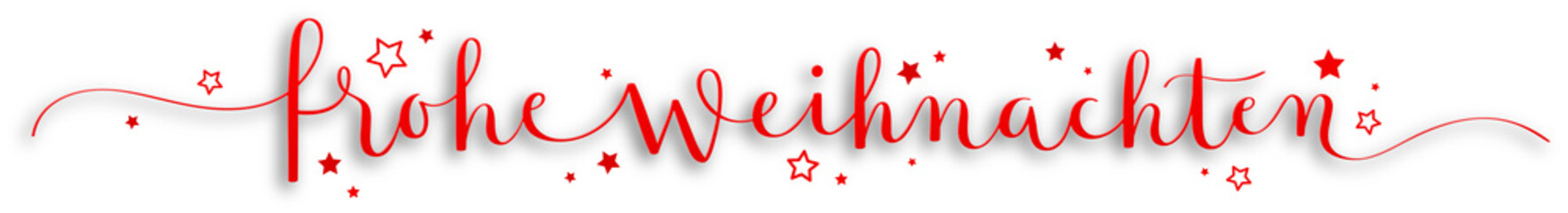 FROHE WEIHNACHTEN (MERRY CHRISTMAS in German) red brush calligraphy banner with stars on transparent background