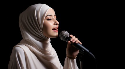 Hijab Woman Wearing White Singing Using Microphone in Black Isolated Background